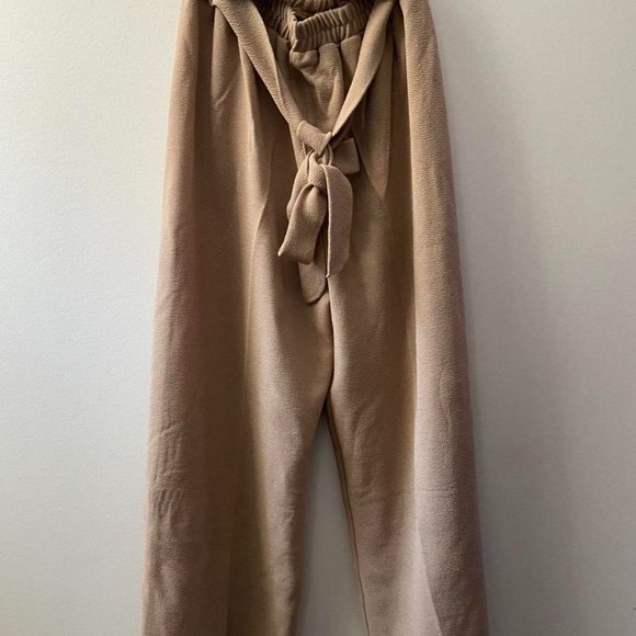 Cute High Waisted Tie Pants With Belt Included Elastic Waistband Tan Camel Color - Picture 1 of 2